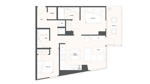 Floor plan for 2 beds, 2 baths, 821 sqft